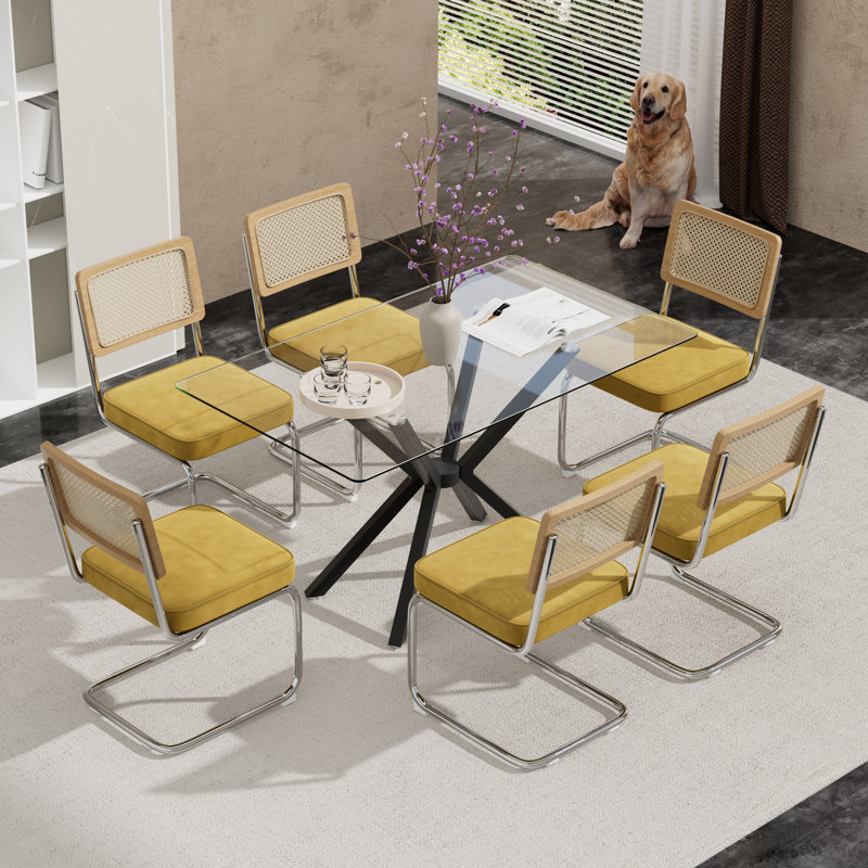 Rectangular Tempered Glass Dining Table Set With Luxury Velvet Rattan Back Upholstered Dining Chairs - Modern Contemporary Small Space Design