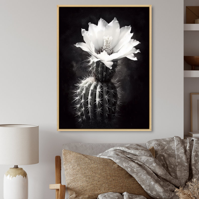 Cactus noir et noir, collage minimal - art mural sur toile florale, H 20 po x l 12 po x P 1 po, Cadre flottant en érable