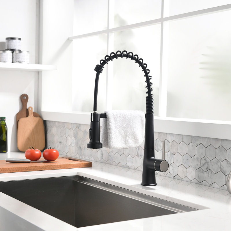 Robinet de cuisine noir avec robinet rétractable, poignée simple moderne pour évier, fonction