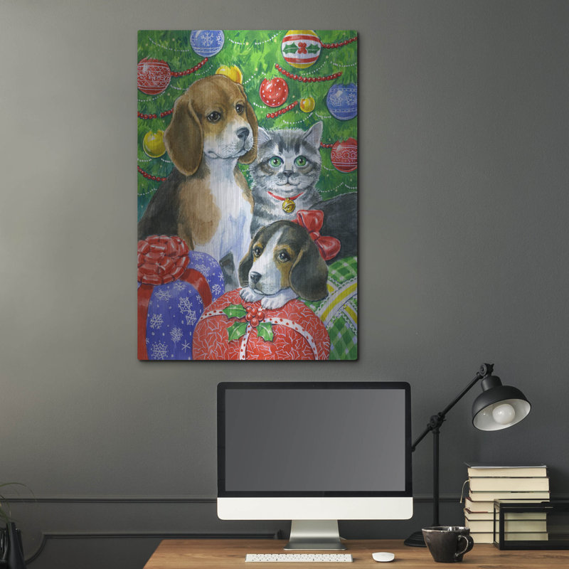  «Chiots et chaton sous l'arbre» par Geraldine Aikman, art mural en métal, 24 po x 36 po, H 36 po x l 24 po