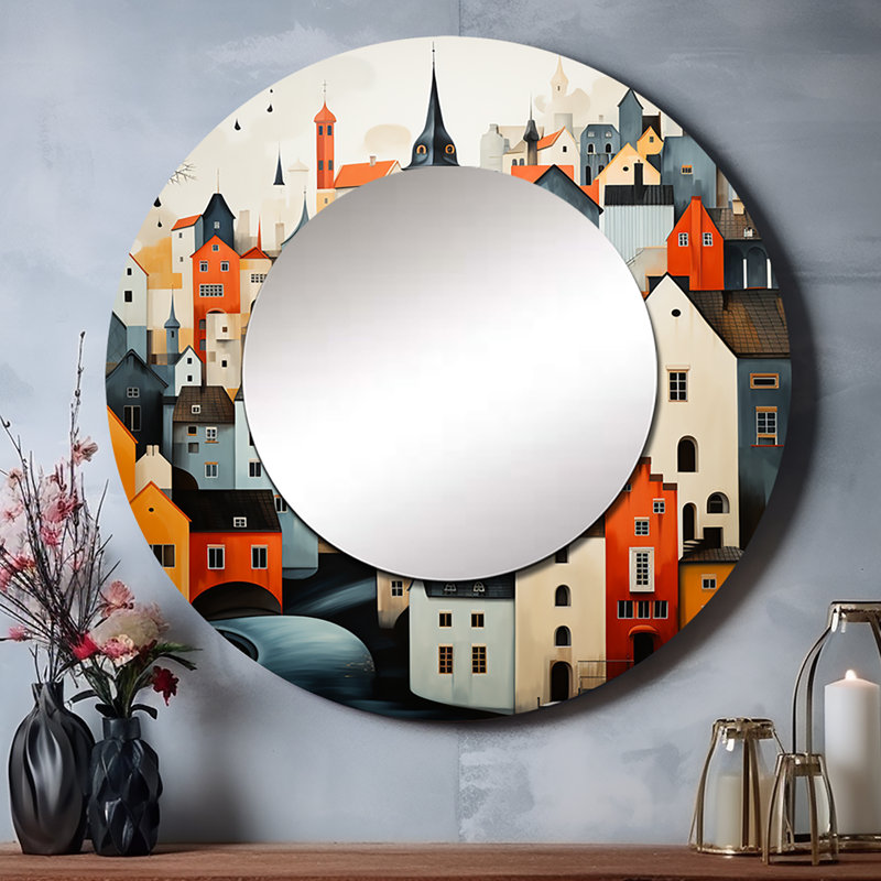 Sanisha Denmark Scarlet Roofs Collage III - Denmark Decorative Mirror, Traditional Round Wall Mirror, Printed Metal Art