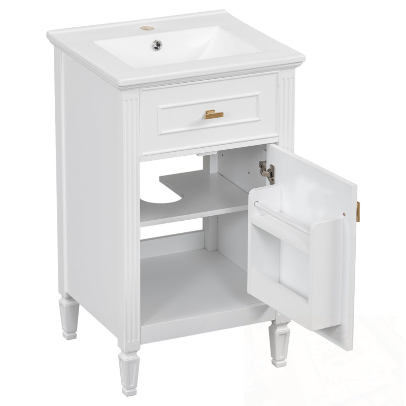 Meuble-lavabo de salle de bain avec lavabo, tablette réglable et tiroir inclinable, Blanc