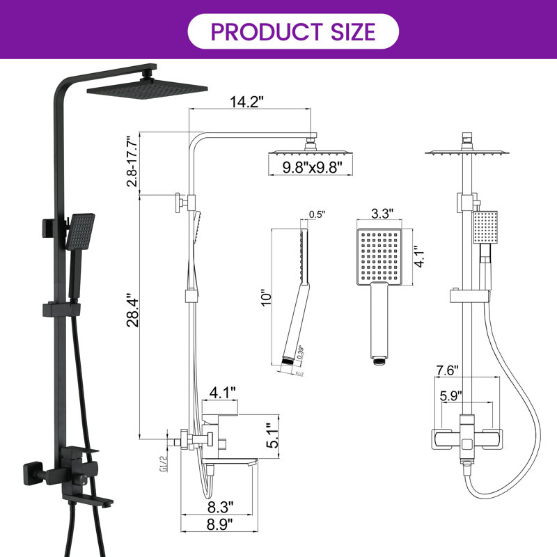 46"H 3-Function Stainless Steel Wall-Mounted Shower System, Matte Black