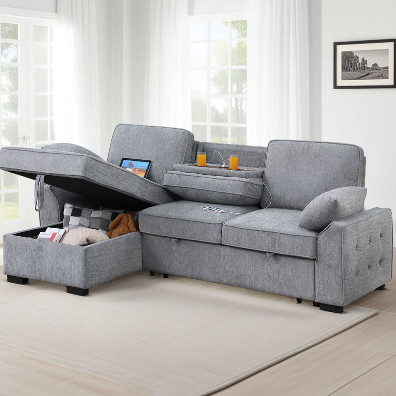 91" Convertible Sleeper Sectional Sofa with Pull-Out Bed, Storage Armrest, and Storage Chaise, Light Gray Polyester Blend
