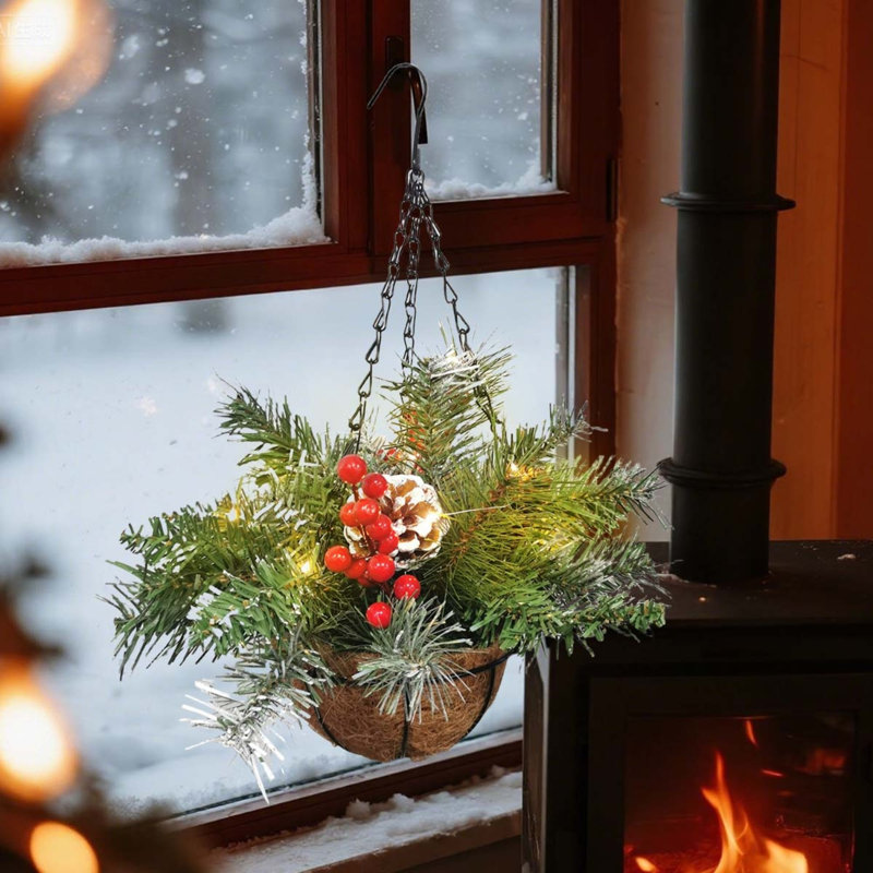 Panier de Noël artificiel, décoré de pommes de pin givrées, décorations de Noël de panier suspendu pour décoration de Noël de porte fenêtre murale