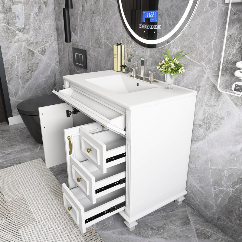 Ensemble de meuble-lavabo autoportant en bois massif et en panneau de fibres à densité moyenne 36 po avec tiroir rabattable, 3 tiroirs, 2 portes à fermeture en douceur et plateau en céramique intégré
