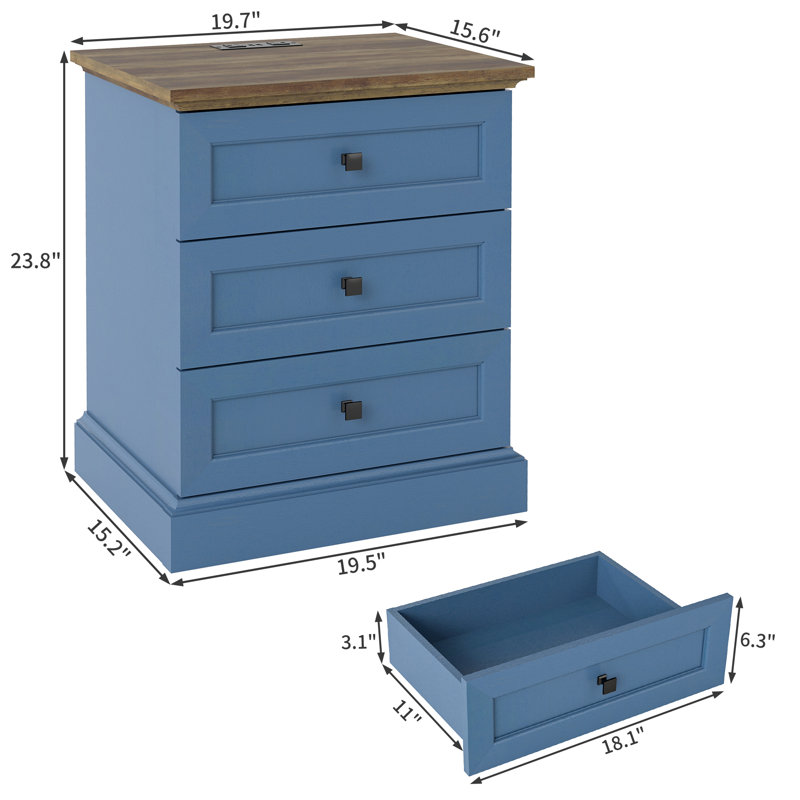 19.7'' Wide Nightstand with 3 Drawers, Set of 2