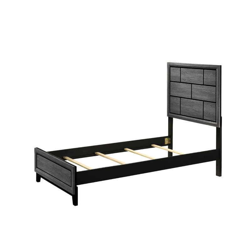 Lit simple contemporain en bois gris avec tête de lit géométrique à profil bas dans le bureau pour chambre d'enfant