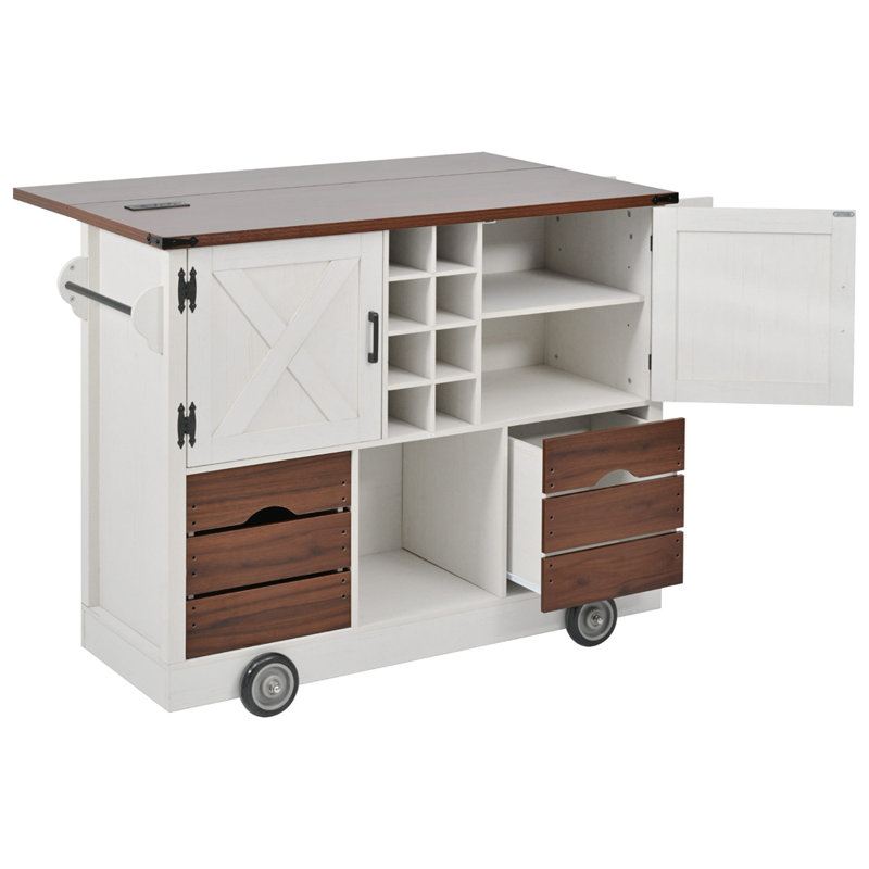 54" Farmhouse Kitchen Island with Drop Leaf, Power Outlet, Kitchen Storage Cart with 2 Doors, 2 Drawers, Rolling Kitchen Island on 4 Large Wheels with Spice Rack for Kitchen, Dining Room