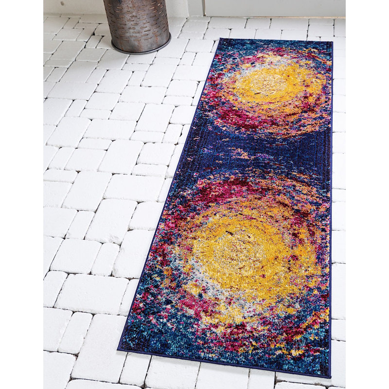 Tapis abstrait jaune / mauve Eddins, Tapis de couloir 2 pi 7 po x 10 pi