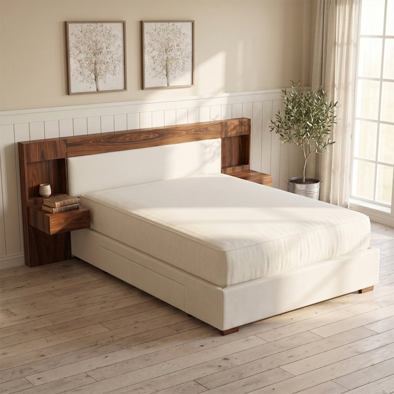 Modern Upholstered Platform Bed with Built-in Storage, King, Cream Linen, King, Cream