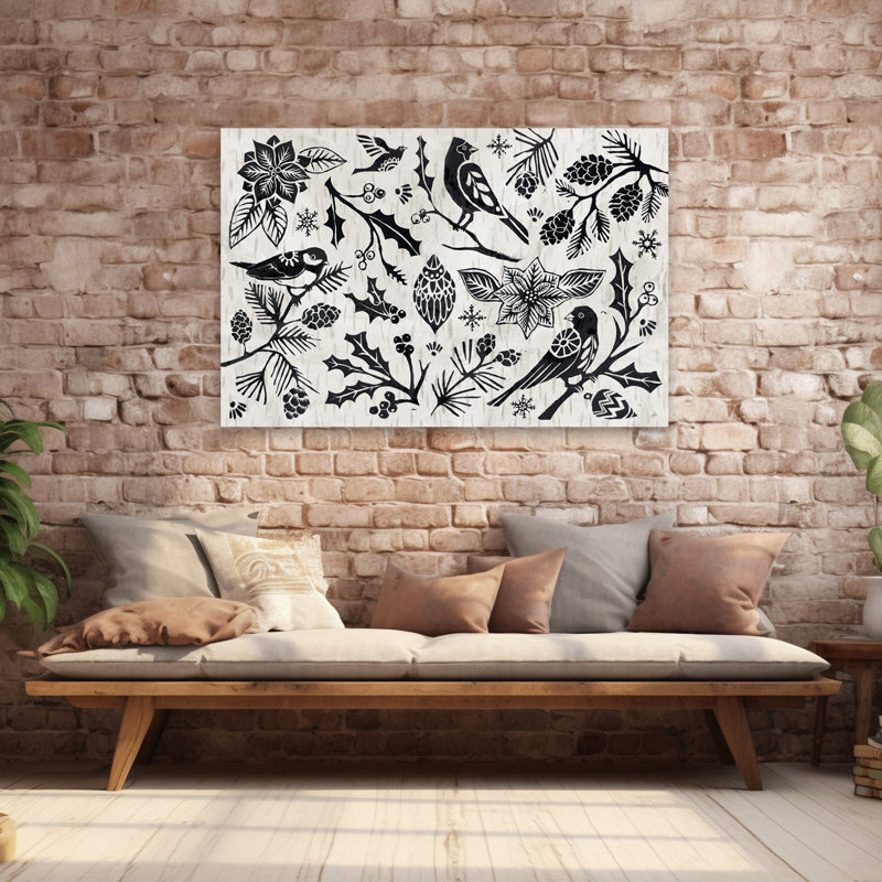 Gravure sur bois, Noël II - animaux, bouleaux, art noir, H 40 po x l 60 po