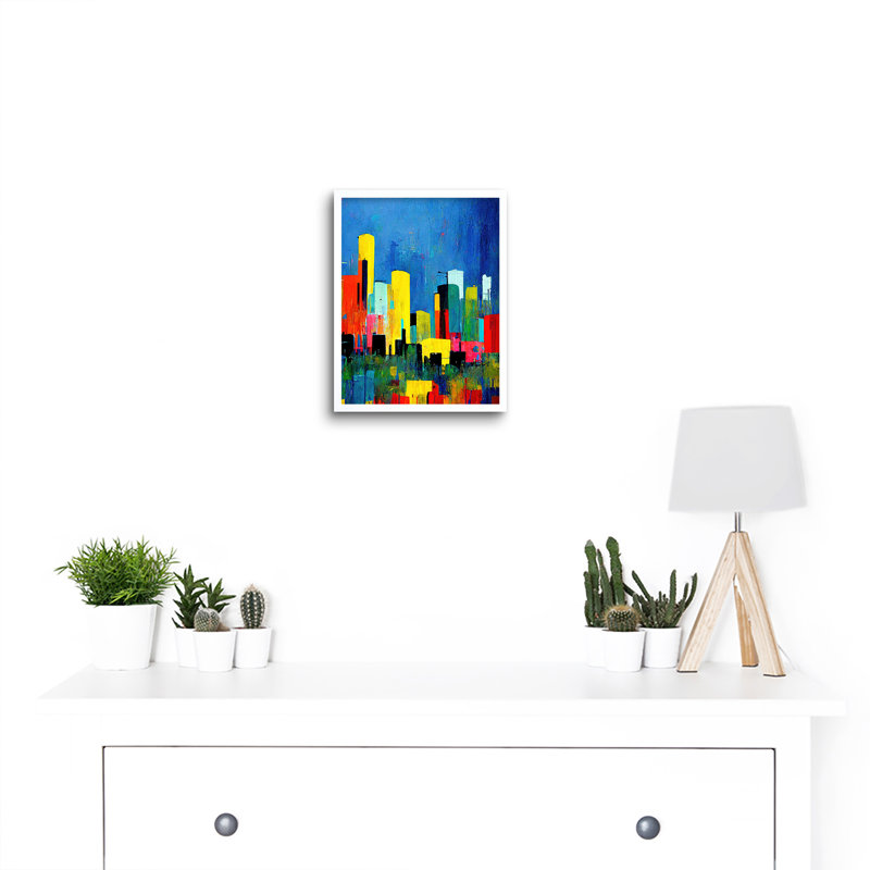 Abstract Midcentury Style Cityscape Skyline - Print, White Framed Paper, 25.9cm H x 20.6cm W x 1.5cm D