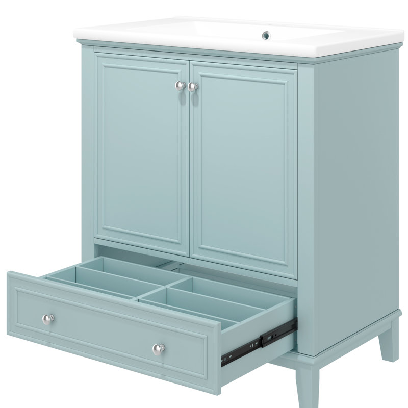 Meuble-lavabo moderne de 30 po avec lavabo encastré, panneau de rangement en bois massif et tablette réglable dans l'armoire, panneau de section amovible en peuplier, rangement fonctionnel