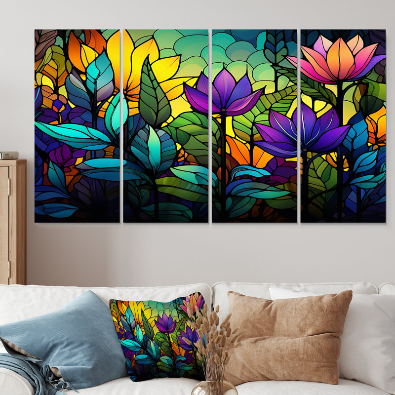 «Colorful Jungle Tropical Plams Mosaic - Jungle», art mural 4 pièces, H 32 po x l 64 po