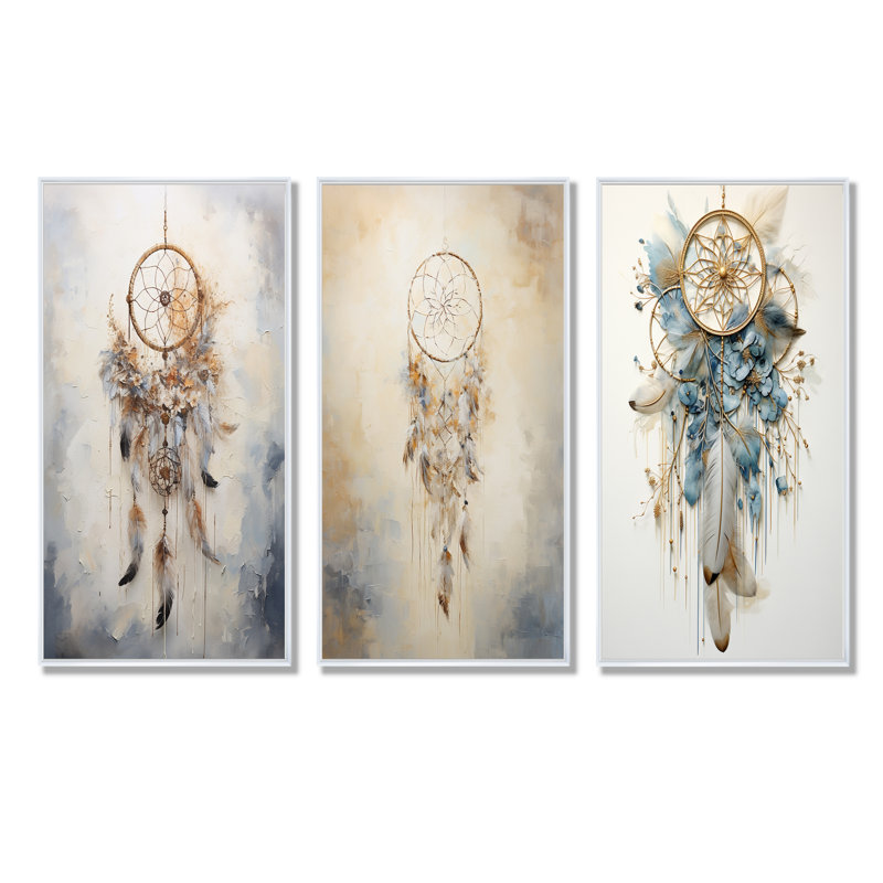 Thread Of Dreams - Dreamcatcher bleu - ensemble de 4 impressions sur toile, Cadre flottant blanc, H 40 po x l 60 po