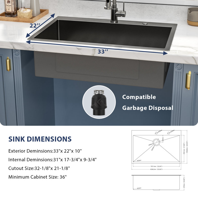 33" L Gunmetal Black Drop-in Kitchen Sink 16 Gauge Stainless Steel Material Kitchen Sink Topmount Single Bowl Basin Sink