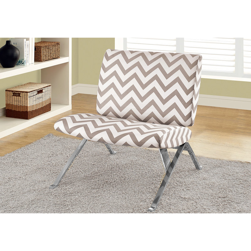 Elegant Chair - Taupe Fabric, Shiny Metal Base High Foam, White & Tan Pattern