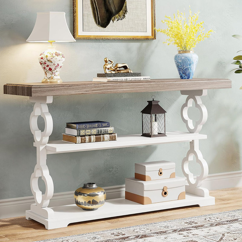 Console de 55 pouces avec 3 tablettes de rangement, table d'entrée grise et blanche pour les couloirs et les salons