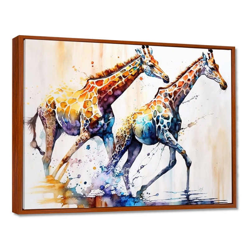 Girafes qui courent - Art sur toile girafe, H 24 po x l 32 po x P 1 po, Brown Floater Framed
