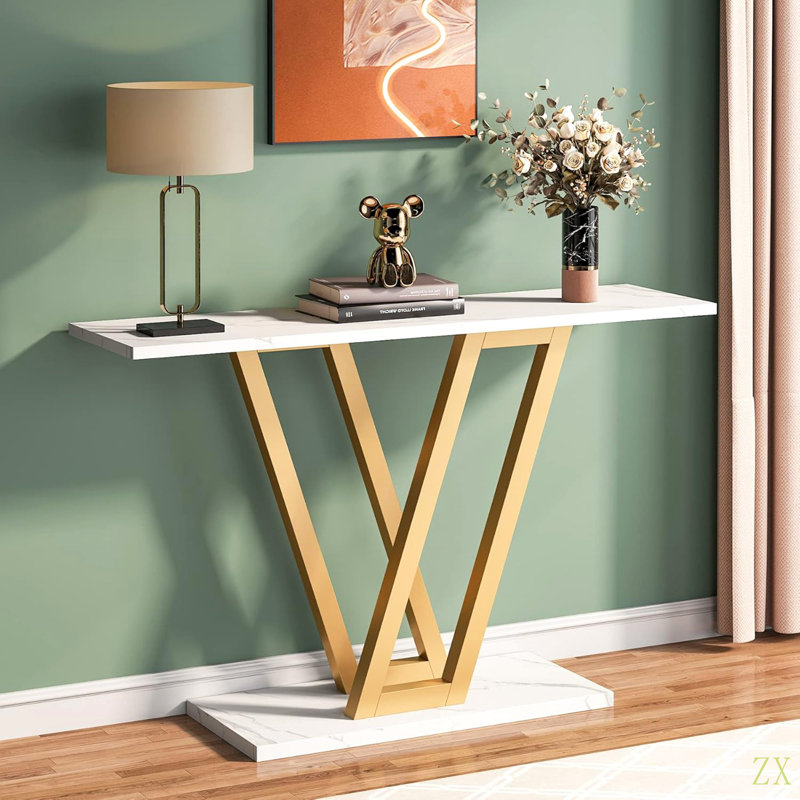 43” Modern  Console Table With Faux Marble Top, Narrow Entryway Table With V-Leg Metal Frame, Slim Sofa Table For Hallway, Living Room Or Foyer