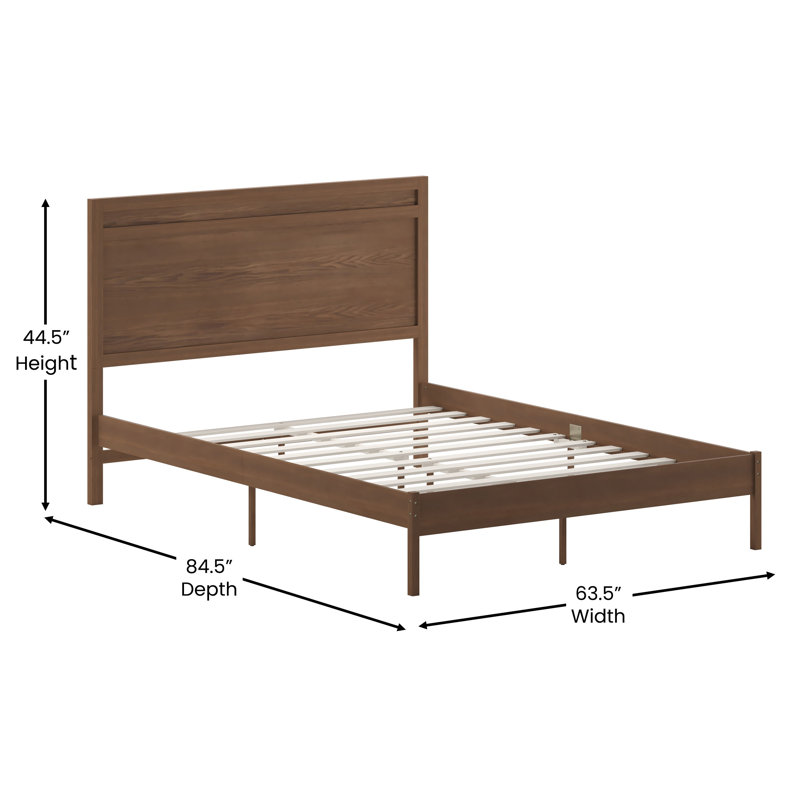 Eymen Modern Solid Wood Platform Bed with Headboard and Wooden Slats, Brown, Queen