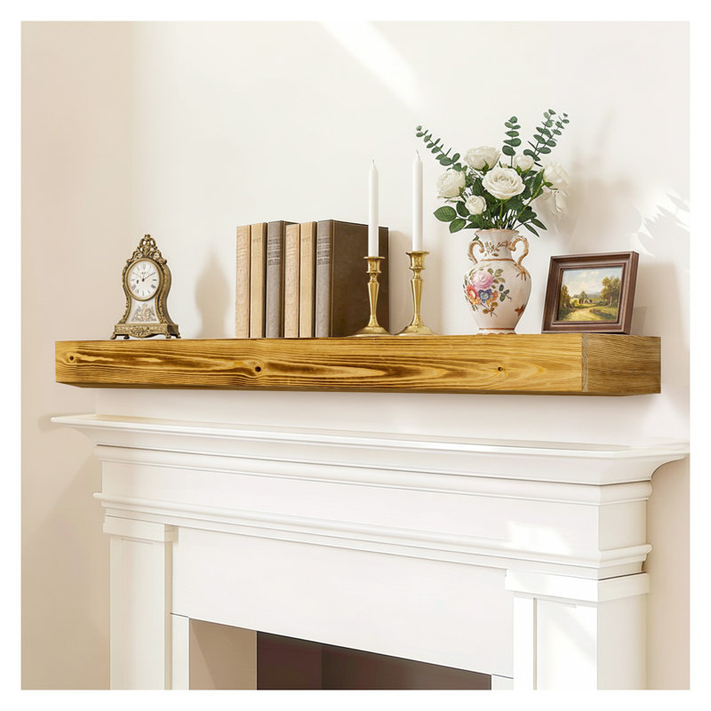 60 Inch Solid Wood Fireplace Mantel, Rustic Wall Mounted Floating Shelf with Invisible Brackets, Mid-Century Modern Living Room Decor, Natural Wood & Caramel Finish