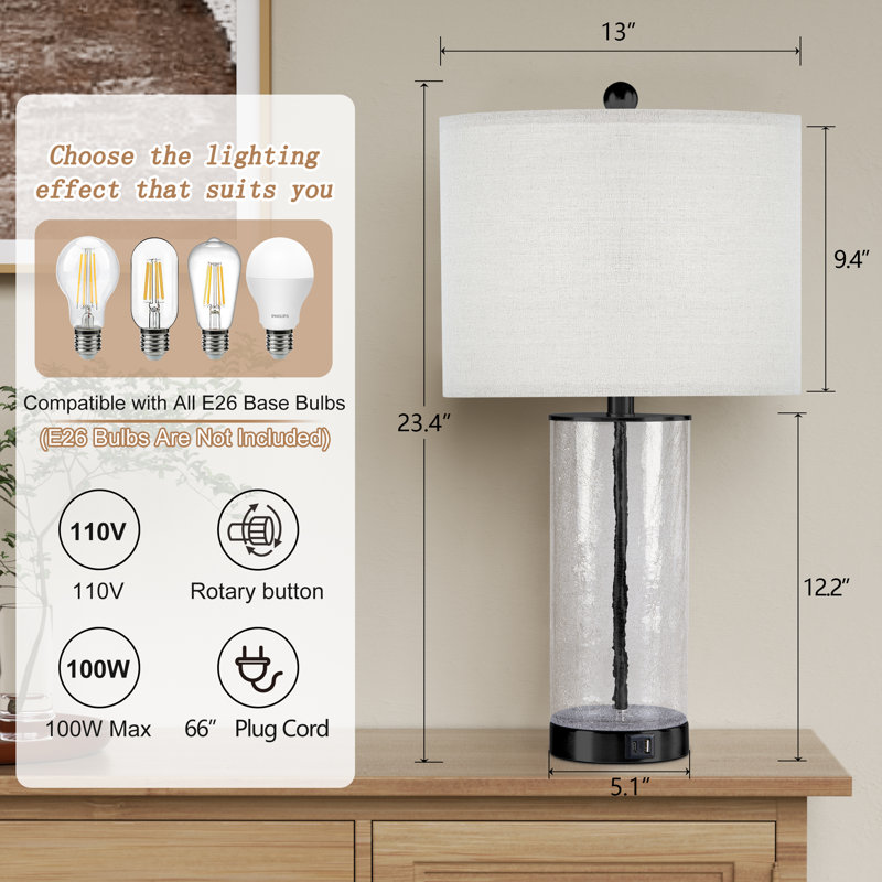 Ensemble de lampes de table en métal et verre 23,25 "Quinita Modern Glam MCM (avec USB) - Funky Modern, Noir
