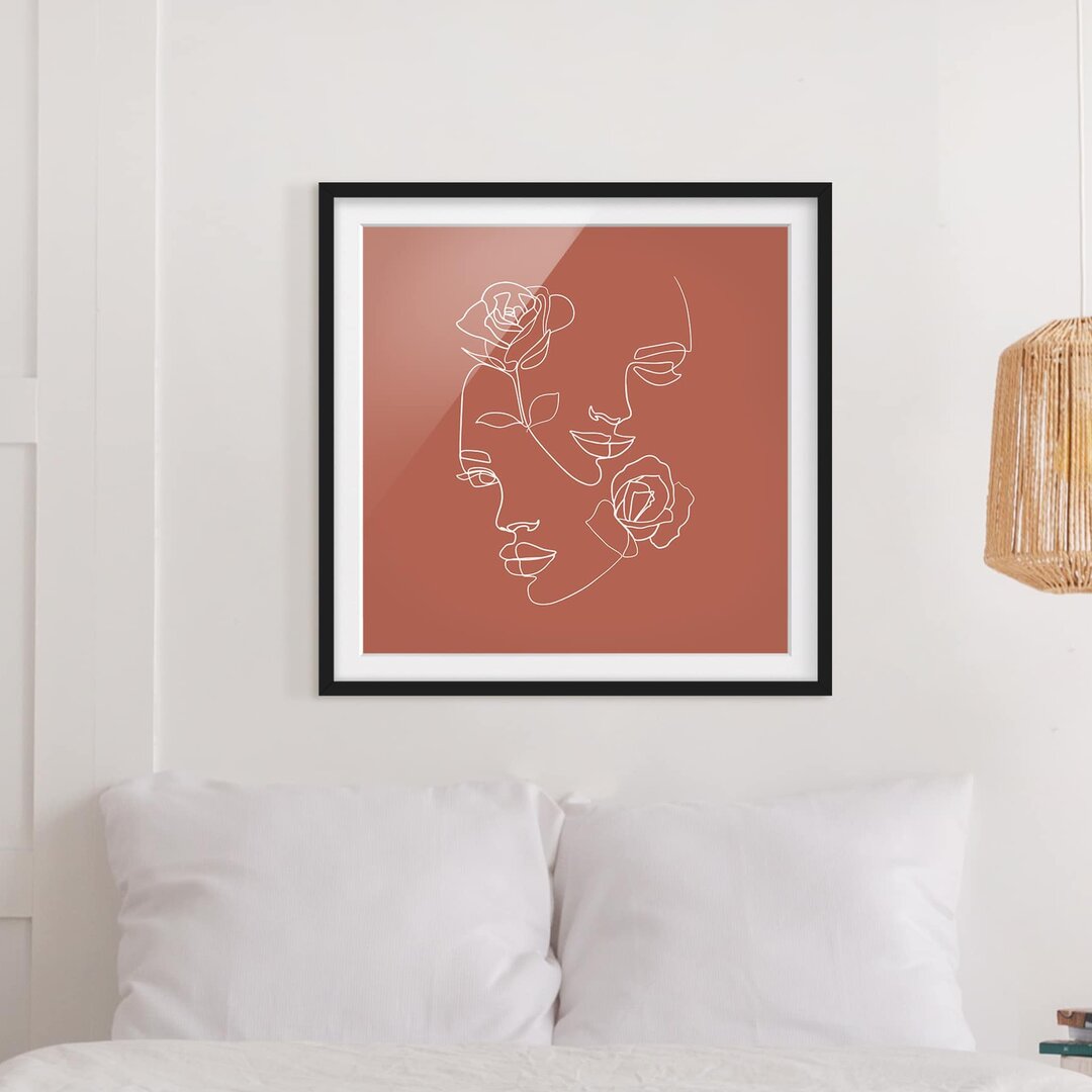 Gerahmtes Poster Line Art Faces Women Roses Copper