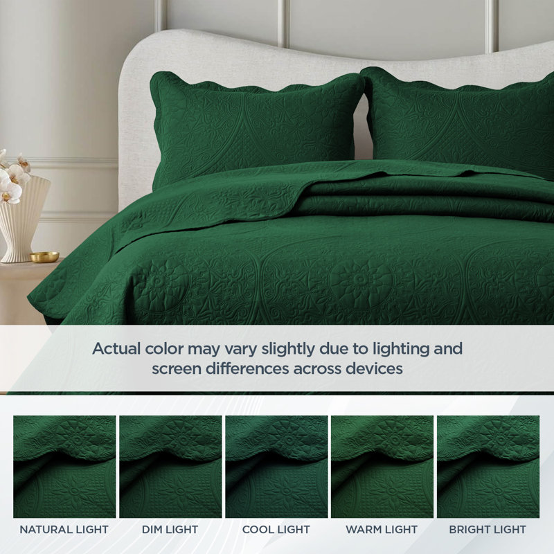 Elegant Floral Embossed Bedspread Set With Pillow Shams – Lightweight Quilted Bedding, Machine Washable, Emerald