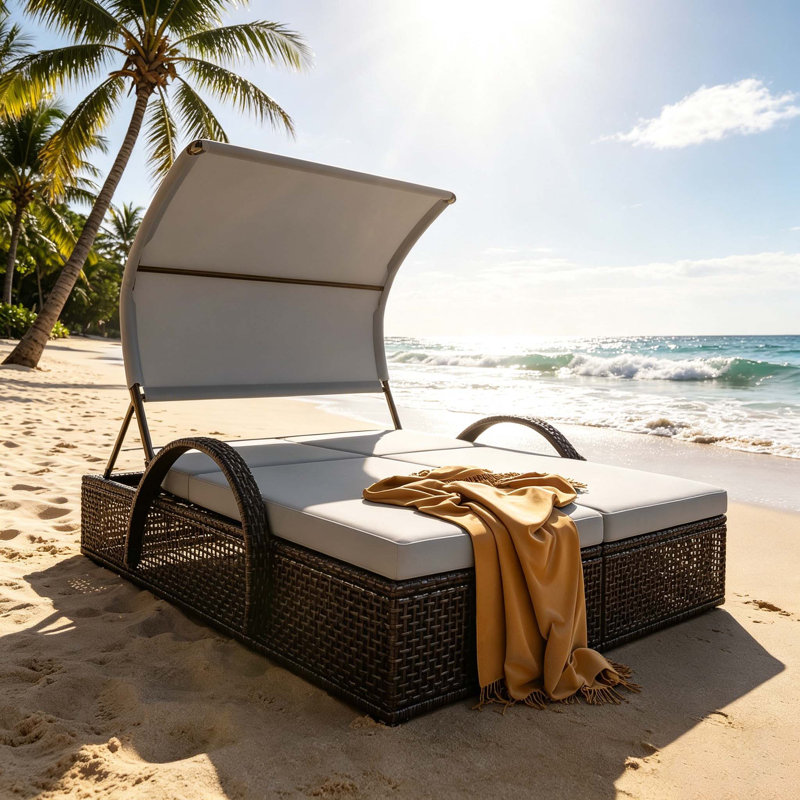 Chaise longue de patio pour 2 personnes avec cadre en acier, dossier inclinable réglable, table d'appoint cachée intégrée et accoudoirs courbés, mobilier d'extérieur polyvalent pour la cour et la piscine