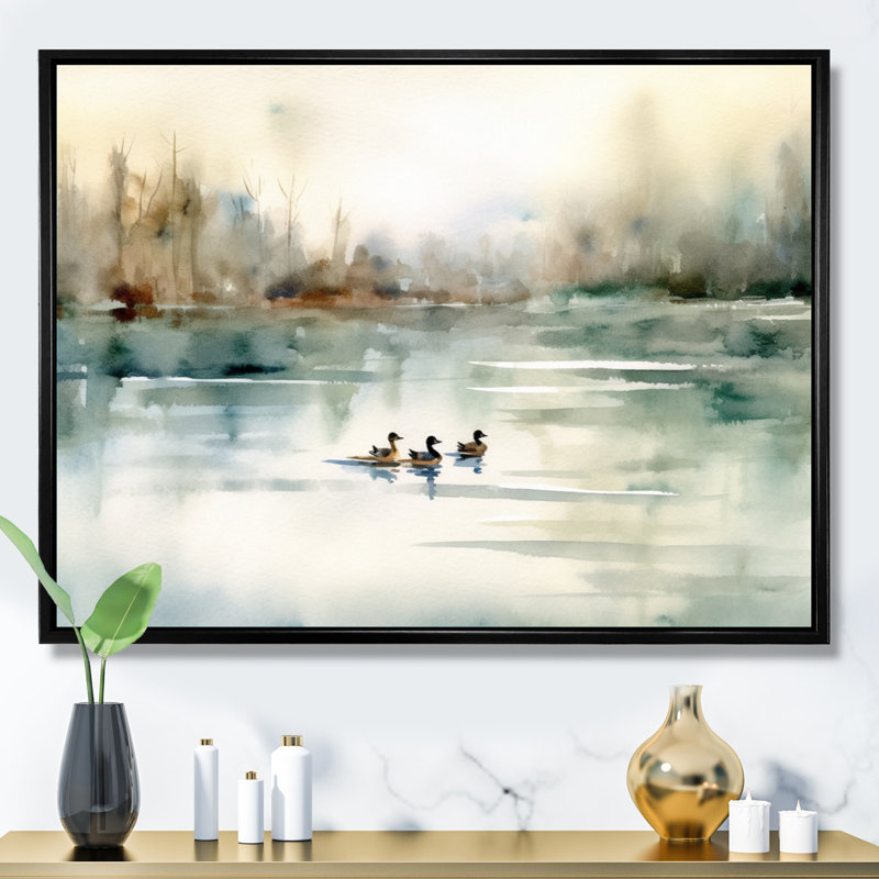 «Ducks in Pond I» - Art mural sur toile, H 12 po x l 20 po, Noir, Reproduction avec cadre flottant