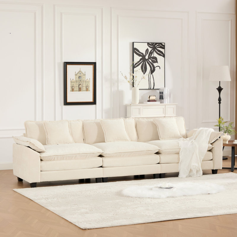 Grid Modular Oversized Deep-Seat Cloud Sofa, Modern Double-Layer Cushion Cloud Couch, Beige, 33'' H × 117'' W × 30'' D