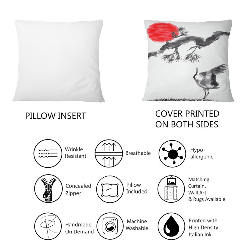 Coussin en pin chinois avec grue japonaise - imprimé traditionnel