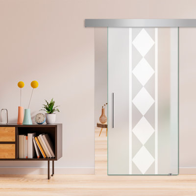 Porte de grange coulissante en verre sans cadre avec design moderne sablé + ensemble de quincaillerie (double-privée)