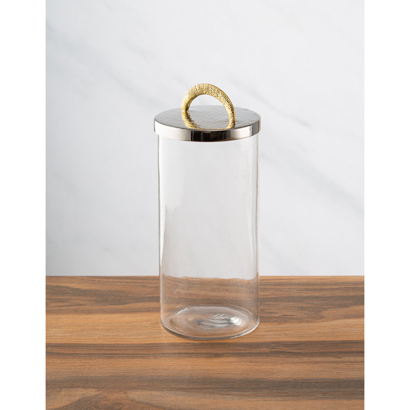 Pot en verre avec couvercle en acier inoxydable et poignée dorée, H 8,5 po