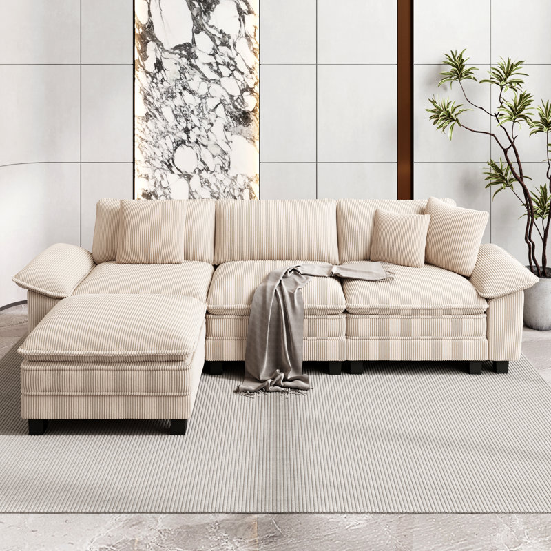Sofa & Chaise, Beige Corduroy, 4
