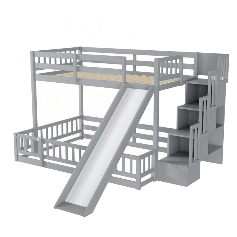 Lit simple superposé au dessus d'un lit double avec glissade, escalier de rangement et garde-corps de sécurité, Gray