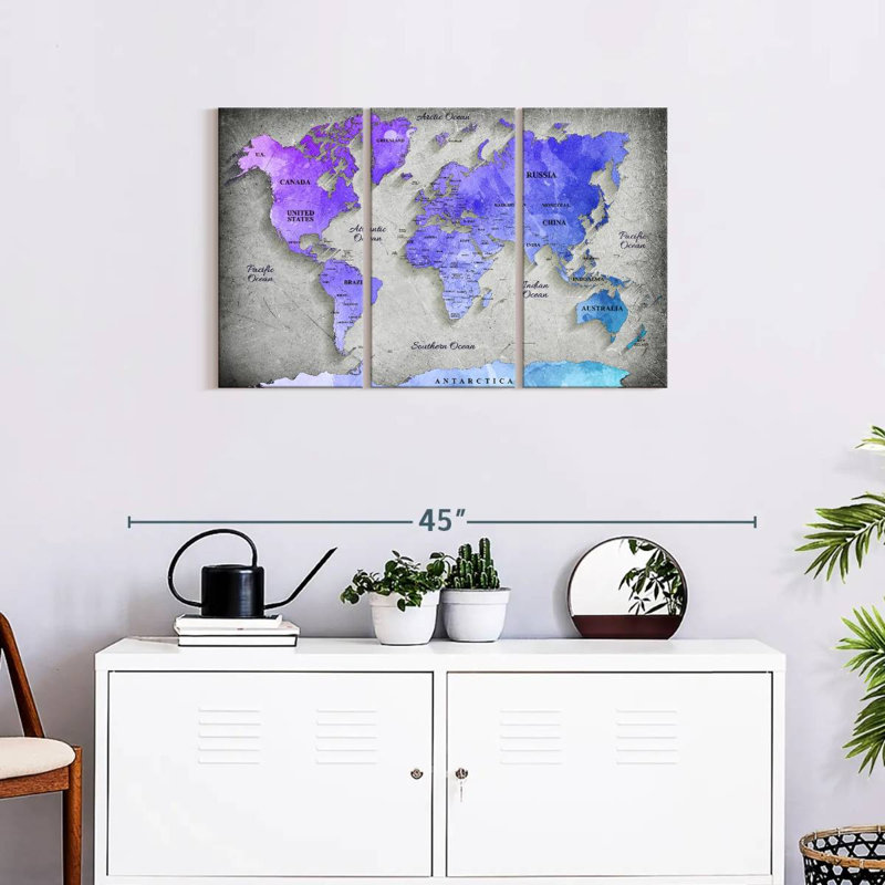 Carte du monde Hued - 3 pièces de toile tendue, H 20 po x l 33 po x P 1,25 po
