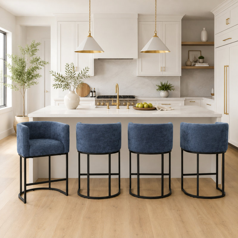 Upholstered Barrel Counter Stool, Blue, Black