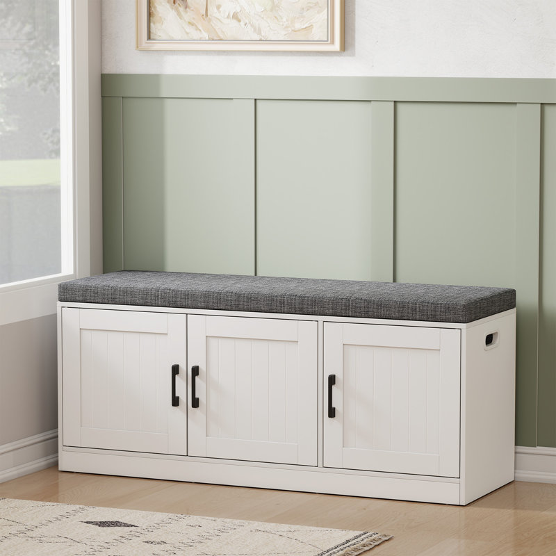 42.5" Modern Upholstered Shoe Storage Bench with 3 Doors & Adjustable Shelves, Entryway Hallway Bench with Washable Cushion for Bedroom and Foyer