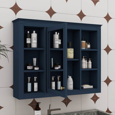 Pharmacie 35 po x 27,5 po, rangement mural pour salle de bain avec miroir, unité contemporaine avec 6 tablettes ouvertes, armoire murale fonctionnelle