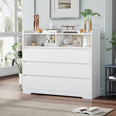 White 47.2""W 6-Drawer Double Dresser, White Chest of Drawers With 2 Open Shelves -  HOMECHO, FMD-145