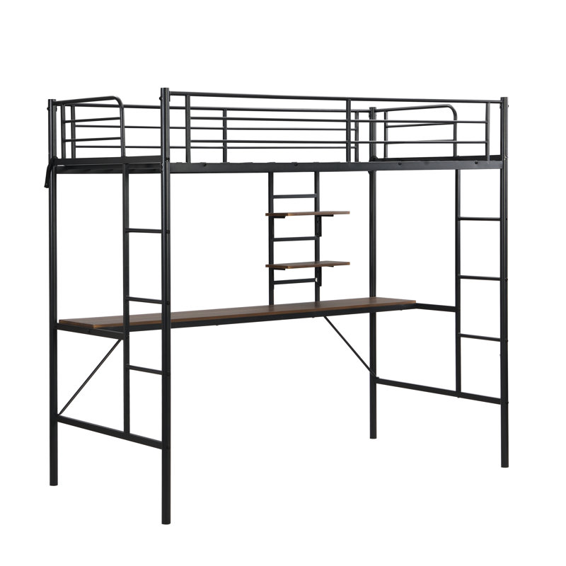 Lit mezzanine simple en métal avec bureau et tablettes de rangement