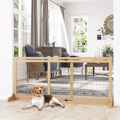 Barrière pour animaux réglable 72 po x H 27,06 po, bois et acier, pour chiens, chats, espace de la maison, porte, couloir, finition naturelle extra large H, chiens réglables Pinewood, maison, couloir