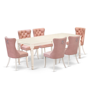 7 Piece Dining Room Set Includes a Rectangle Dining Table with Removable leaf and 6 Upholstered Parson Chairs, 42x78 Inch, linen white
