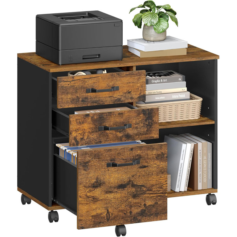 Lateral File Cabinet With 3 Drawers And Open Shelves, Mobile Office Storage Solution For Printer, Files, And Supplies