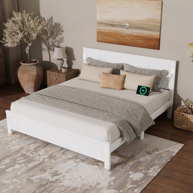 Pinewood Bed With Strengthened Bed Frame Built-In LED Lights And USB Charging Station, White, King