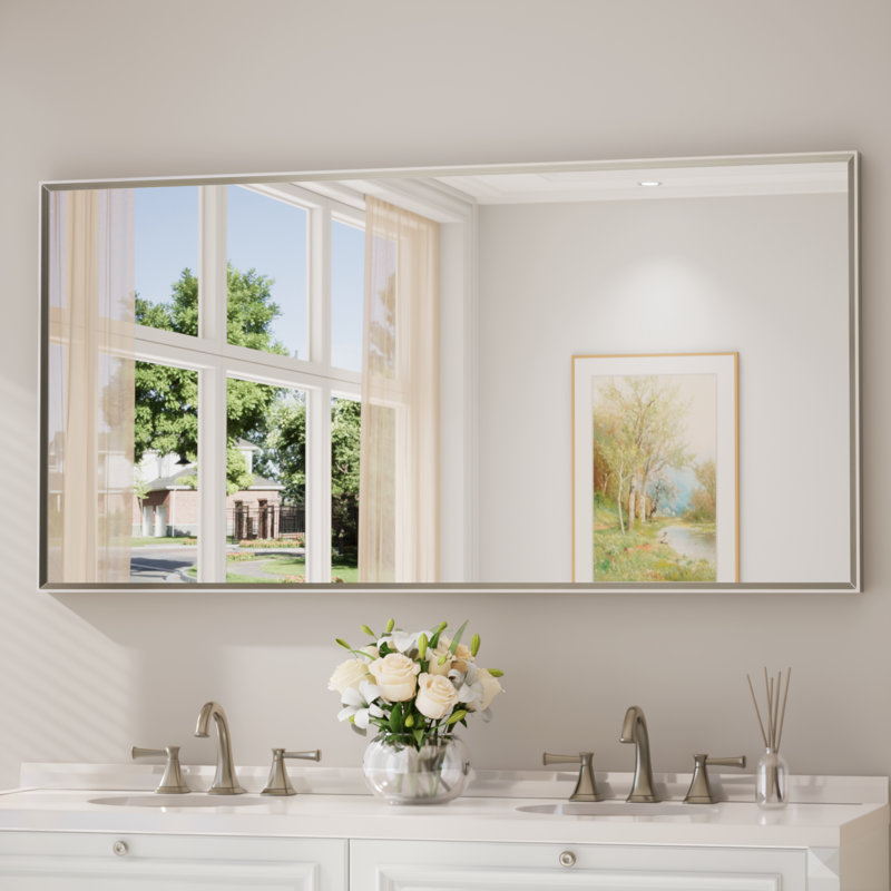 Bathroom Vanity Mirror with Aluminum Frame and Tempered Glass, 60" x 30", Rectangle, Brushed Nickel