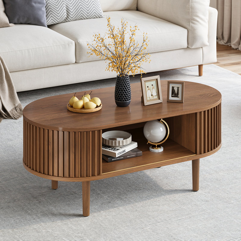 43.4'' Oval Coffee Table With Hidden Storage, Fluted Accent Center Table With Tambour Sliding Doors, Walnut